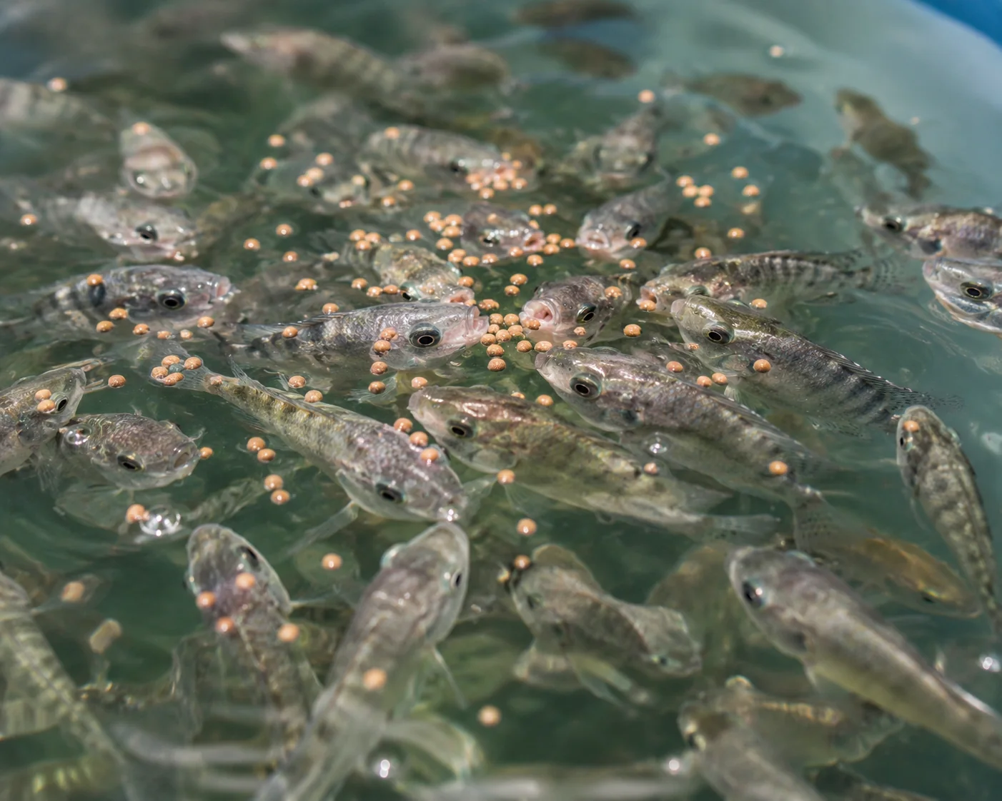 Young fingerling fish being fed specialized feed